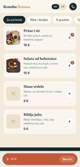 Jelovnik s narudžbom u tijeku na mobitelu